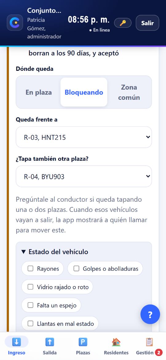 Registro de ingreso en modo Bloqueando: se elige qué plazas tapa el vehículo