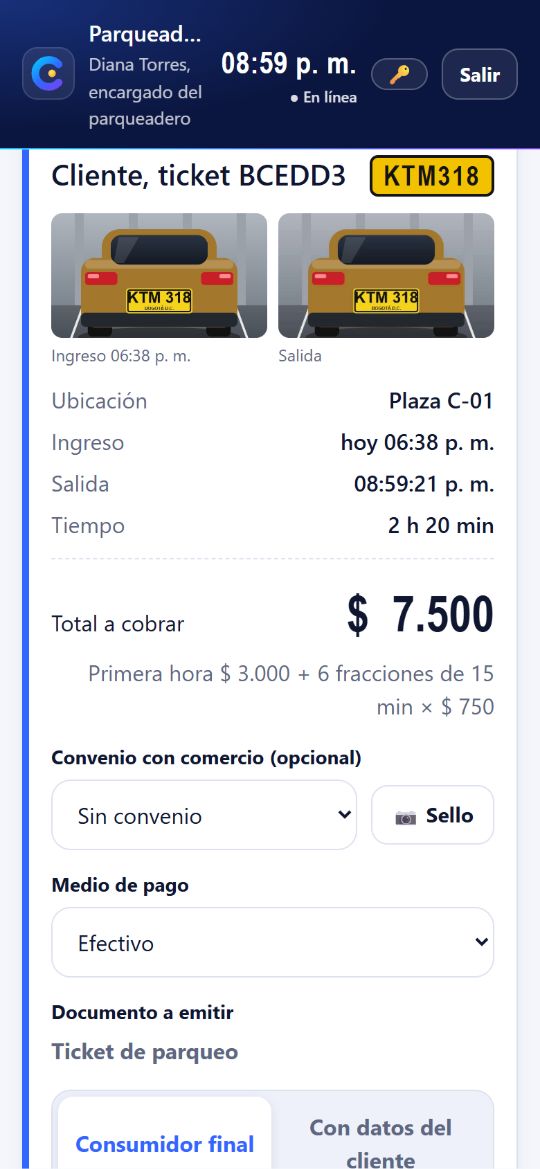 Pantalla de salida de Celdix: el vehículo KTM318 estuvo 2 h 20 min y el total a cobrar es $7.500