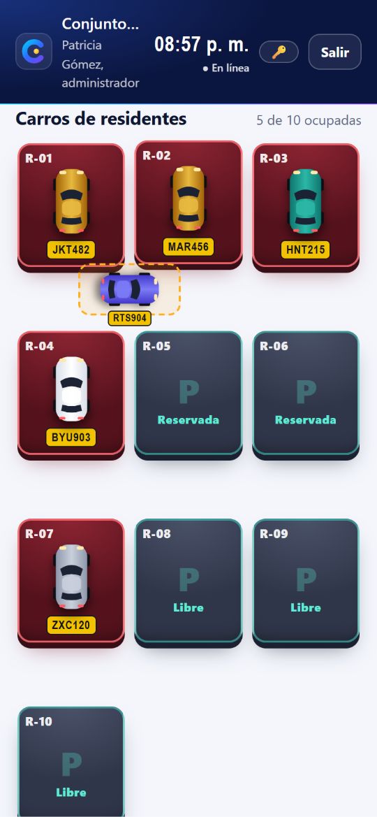 Mapa de plazas de un conjunto: carros de residentes en sus plazas, plazas reservadas y un carro bloqueando entre dos plazas
