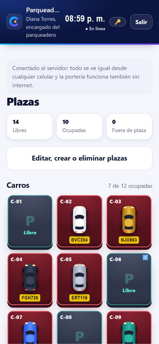 Mapa de plazas de un parqueadero en Celdix: 14 libres y 10 ocupadas, con cada carro dibujado en su plaza