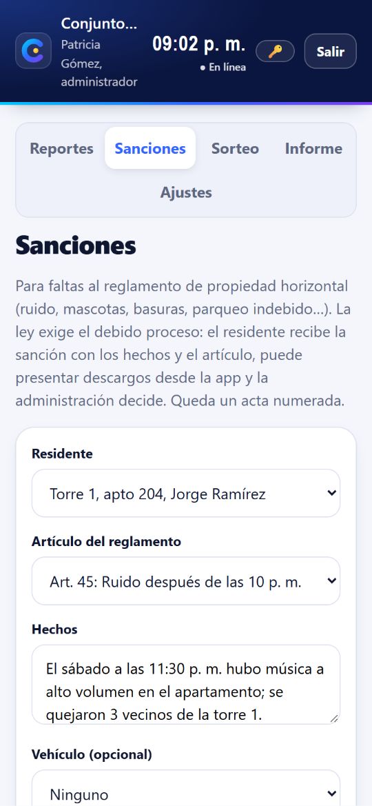 Formulario de sanciones: residente, artículo del reglamento, hechos y multa con el máximo por ley