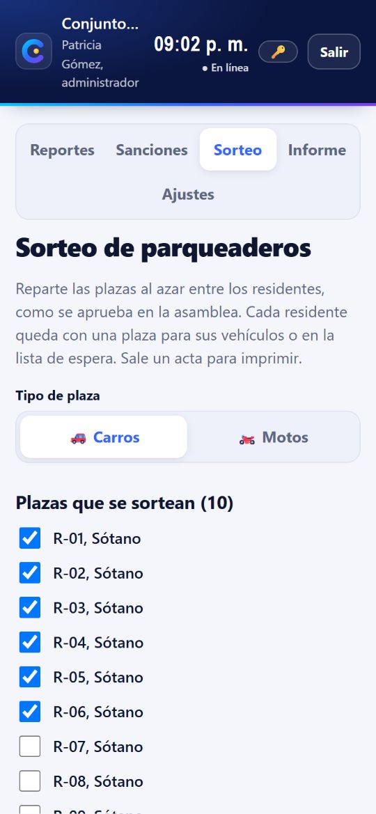 Sorteo de parqueaderos: se eligen las plazas que se sortean y los participantes