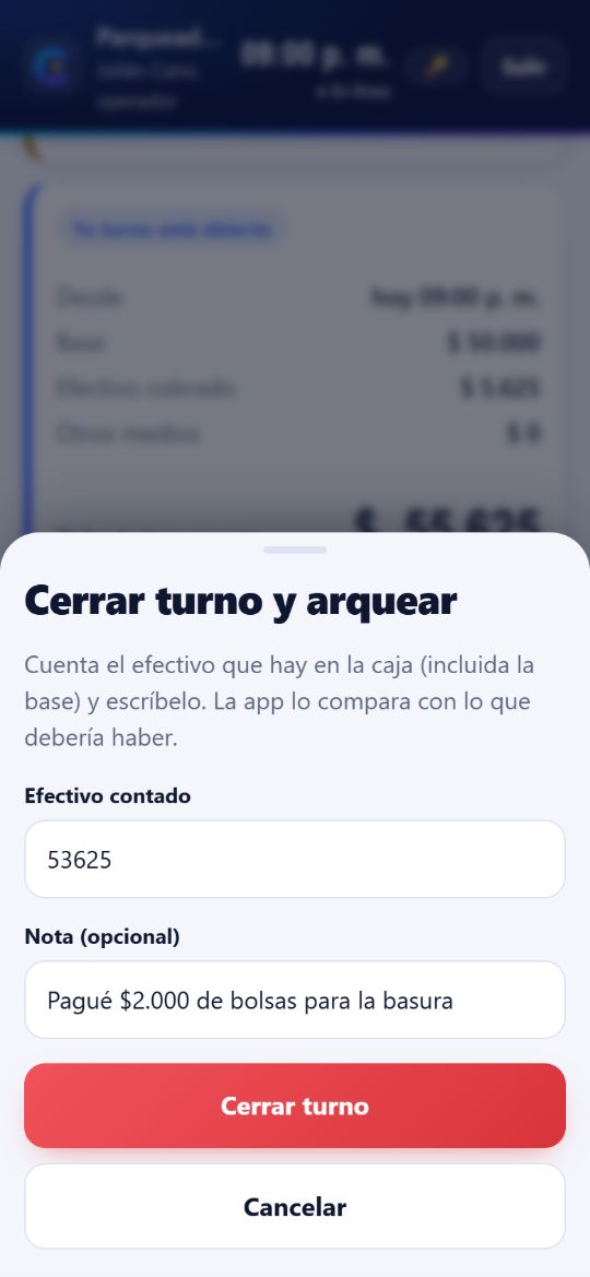 Ventana para cerrar el turno y arquear: se escribe el efectivo contado y una nota
