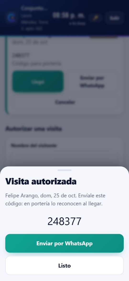 Visita autorizada con el código 248377 y el botón Enviar por WhatsApp